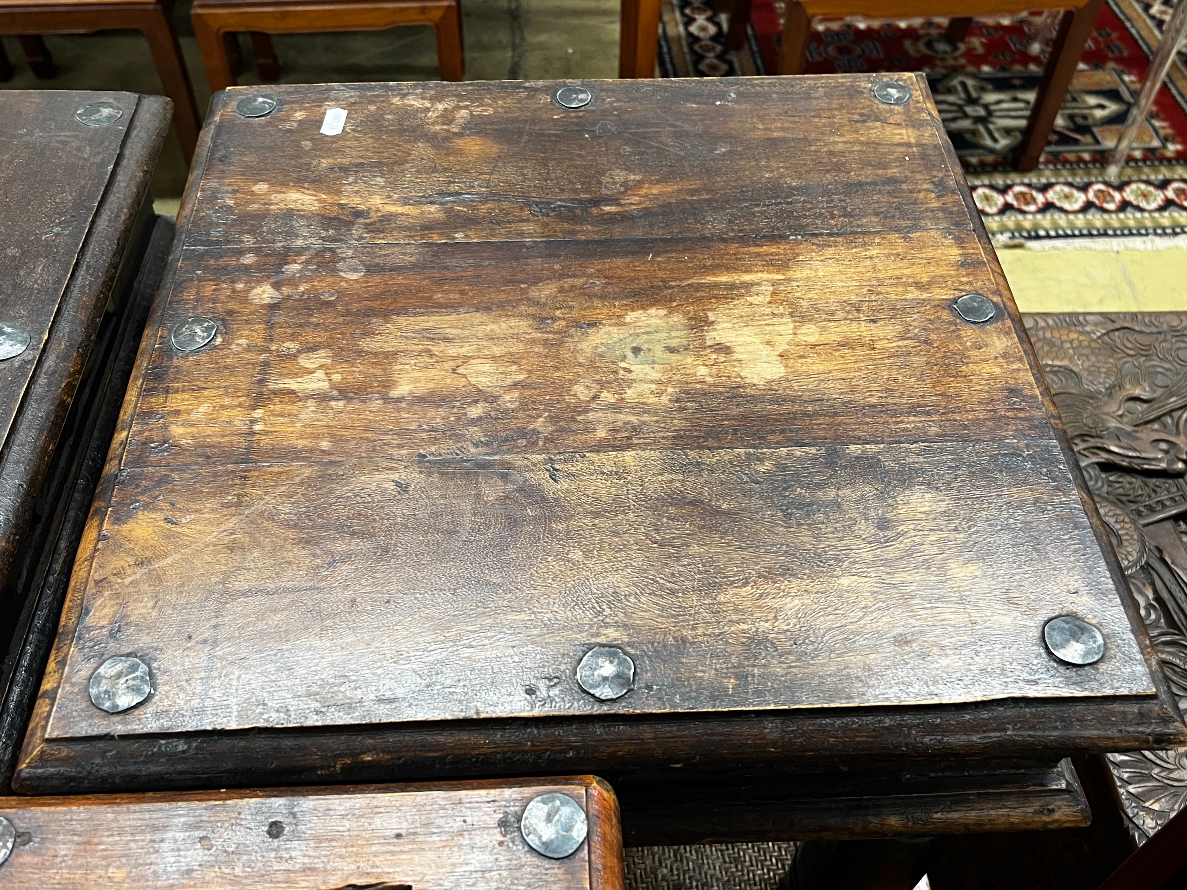 An Indian tile top hardwood table and two similar small tables, largest width 46cm, depth 45cm, height 41cm